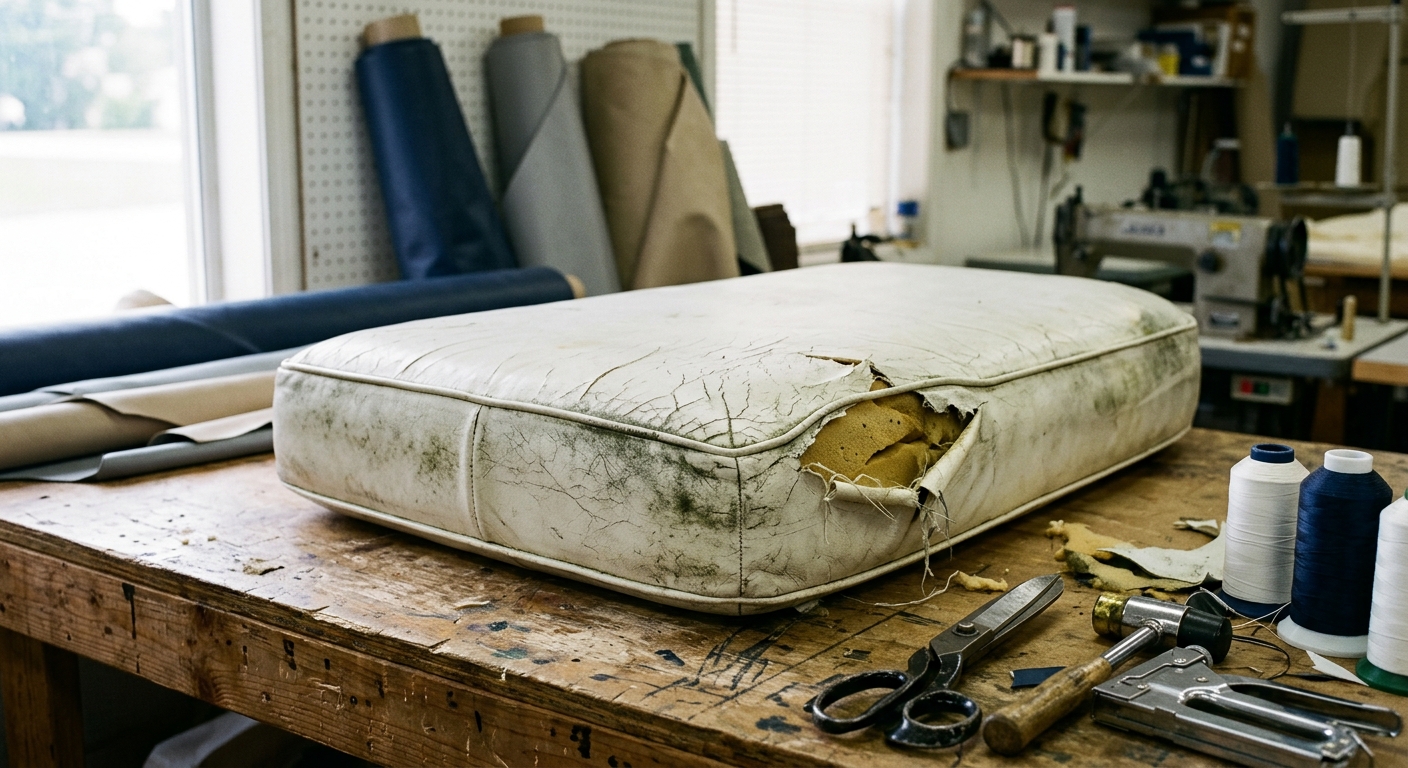 Worn, sun-faded marine boat cushion before restoration