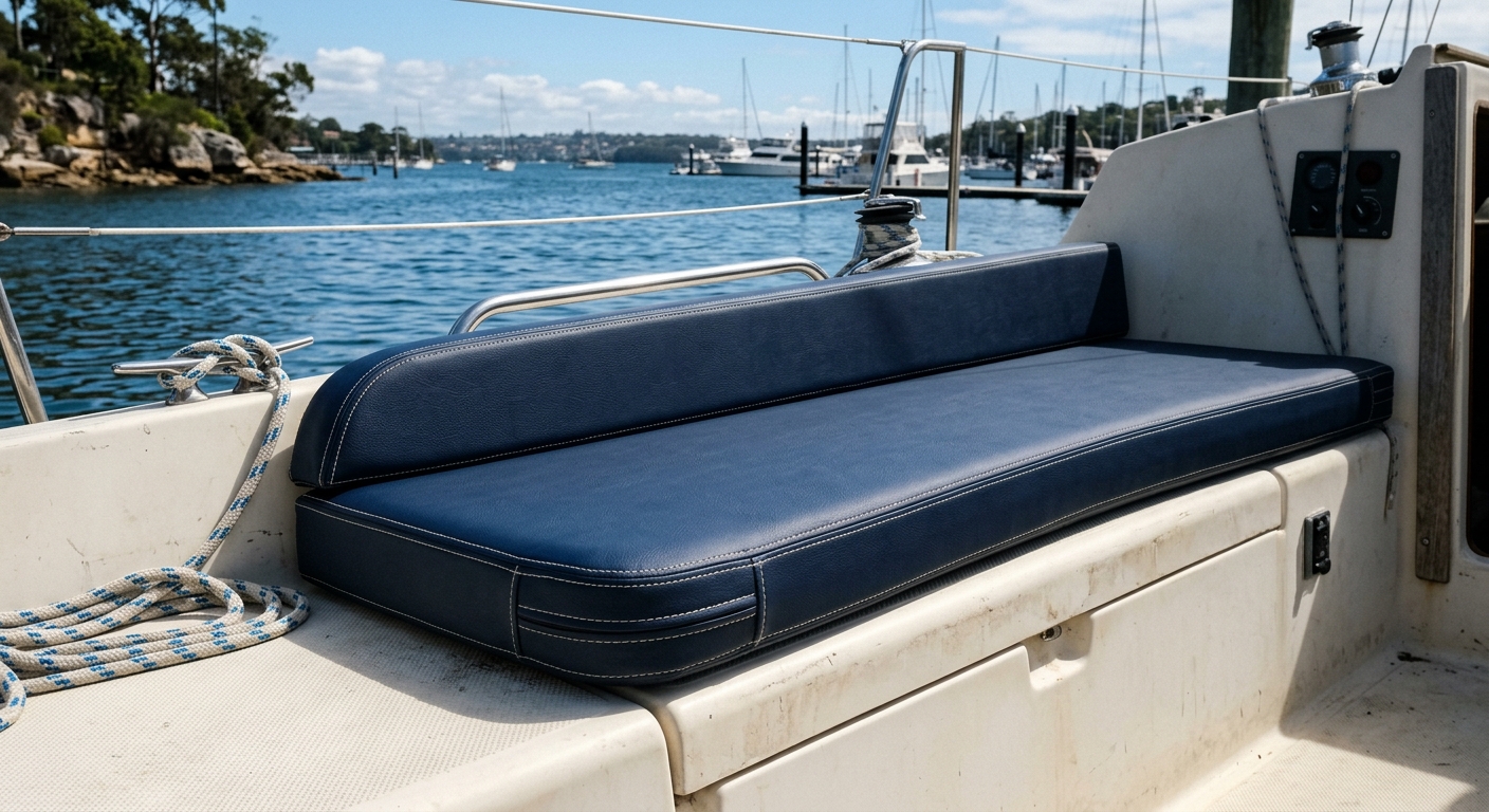 Finished boat cushion in new navy marine vinyl, installed on a boat