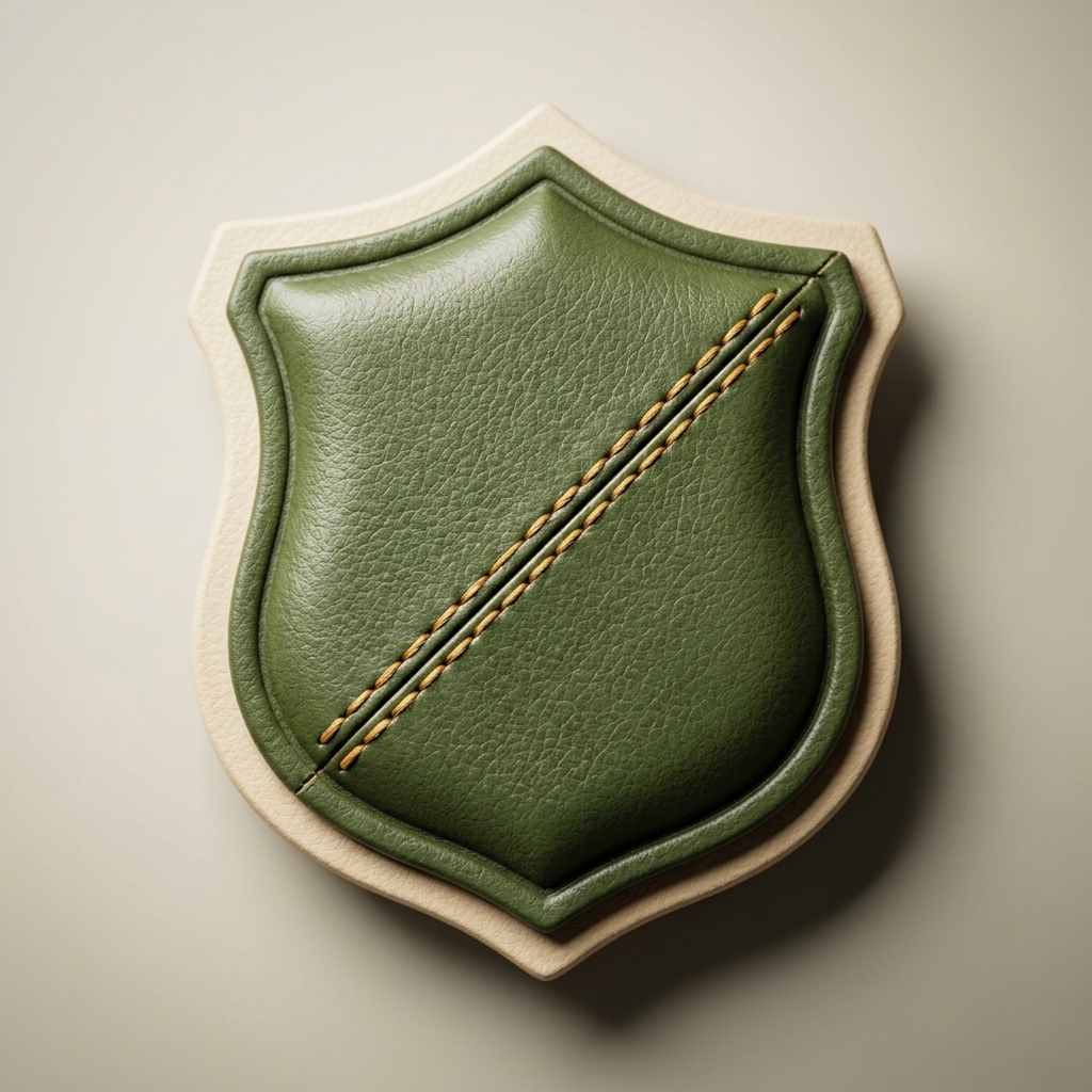 Photoreal avocado and cream leather shield badge with mustard saddle-stitch seam, generated externally from the National Upholstery brand prompt
