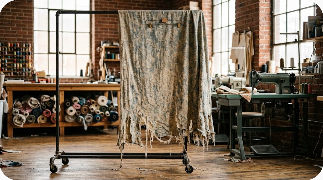 Worn, faded drapery panel before restoration
