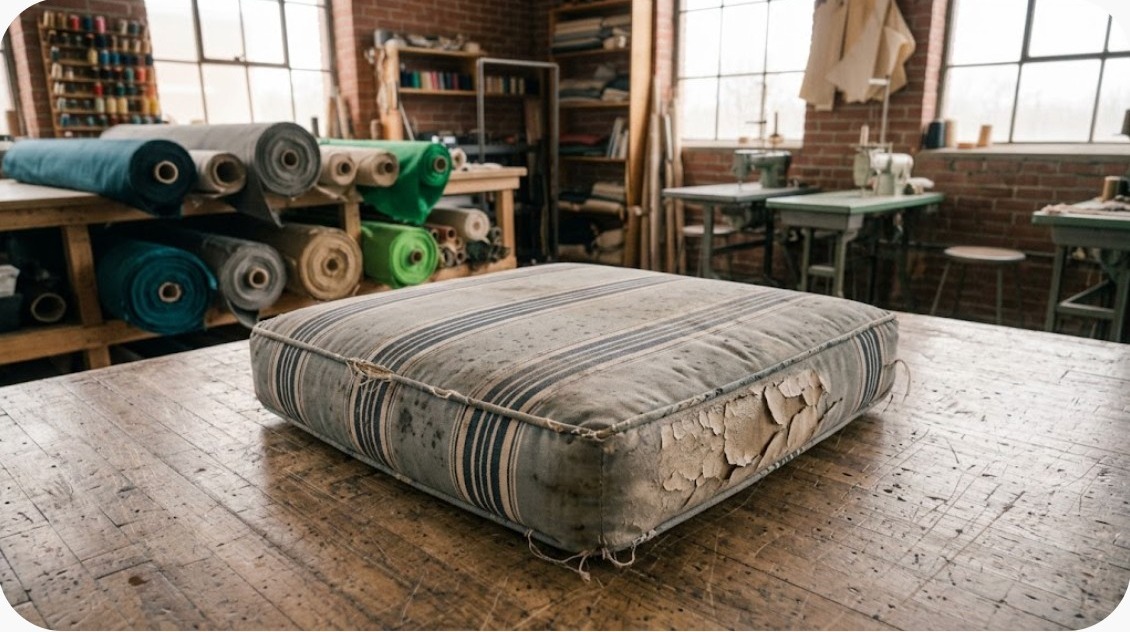 Worn, sun-faded outdoor patio cushion before restoration