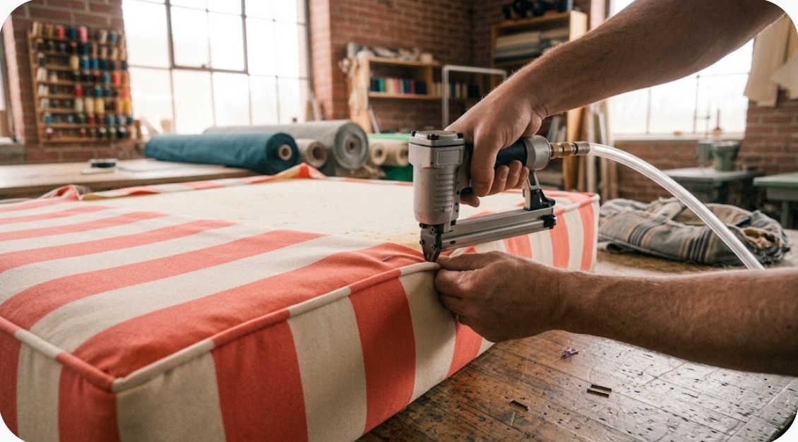 New outdoor fabric being stapled onto the patio cushion