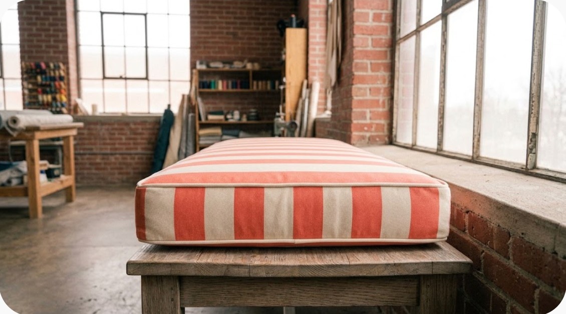 Finished outdoor patio cushion in new weather-resistant fabric