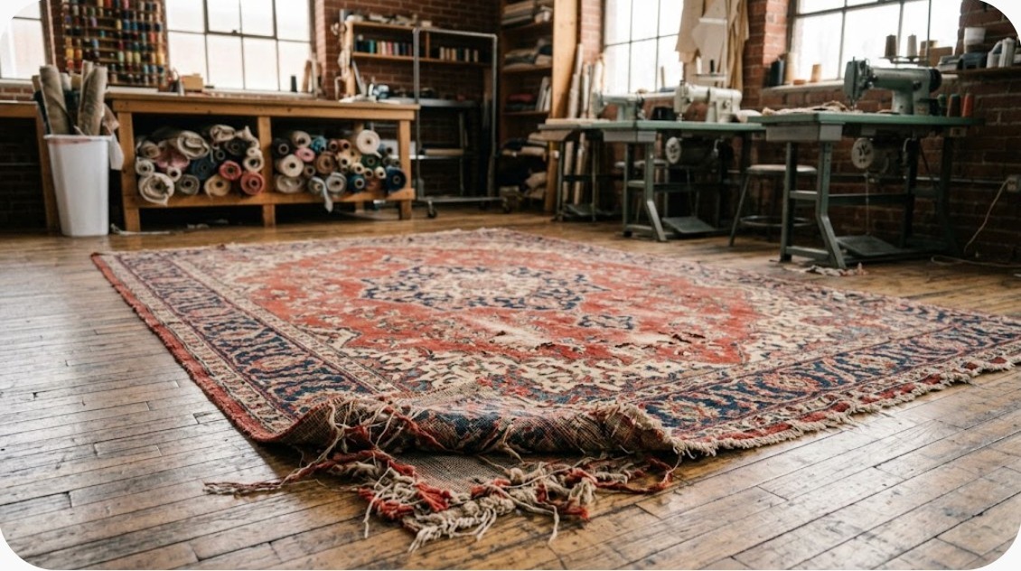 Worn, frayed area rug before restoration