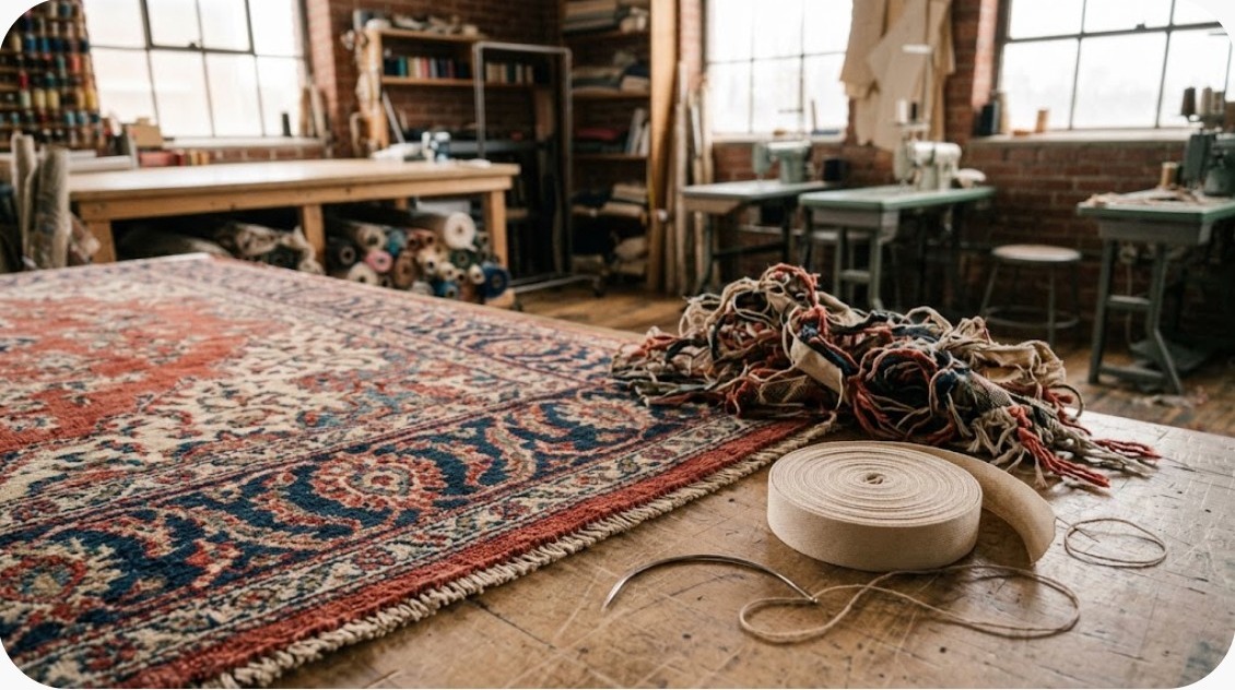 Area rug stripped down for cleaning and repair of its backing