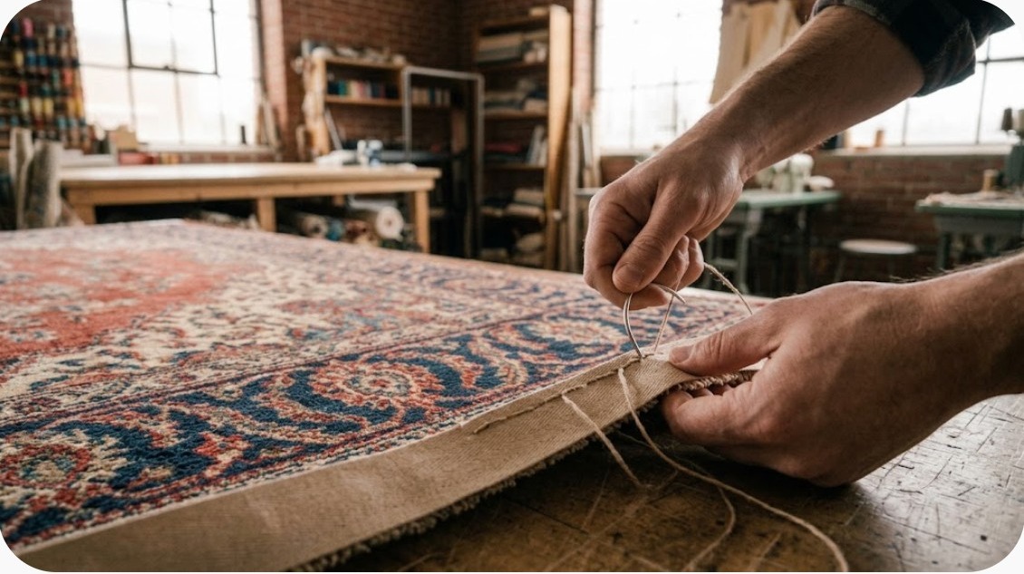 New binding being fitted onto the area rug's edge