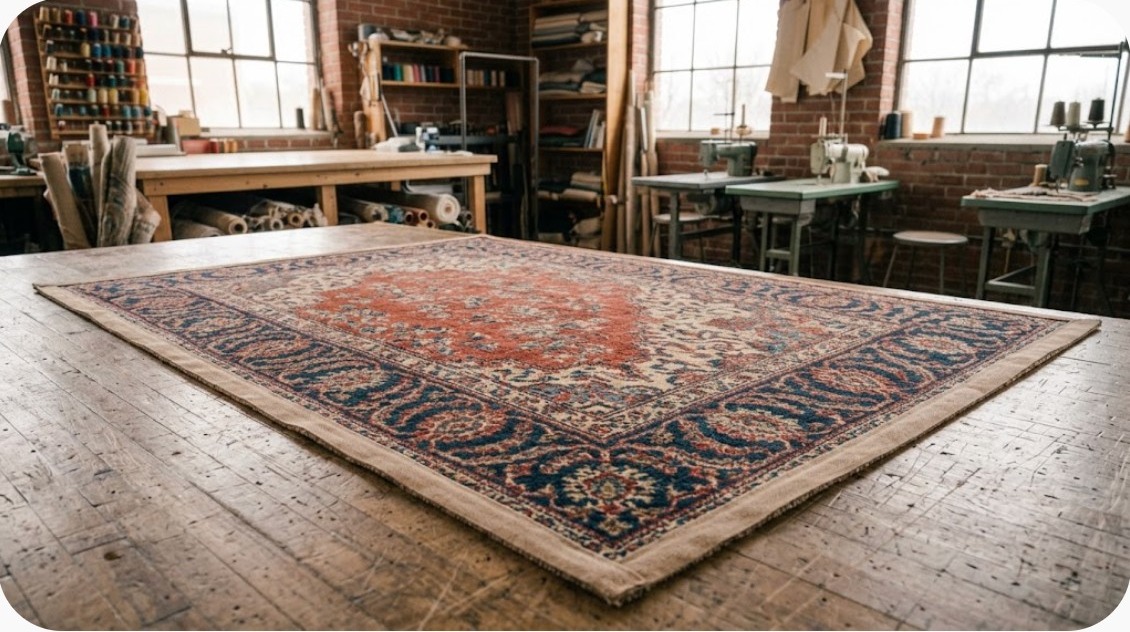 Finished area rug, cleaned and rebound