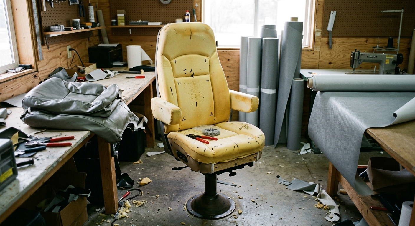 RV captain's chair stripped to its bare foam and frame